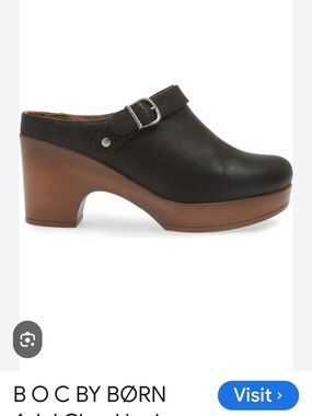 b.o.c. Black Leather Clog Mule with Brown Wood-Look Heel